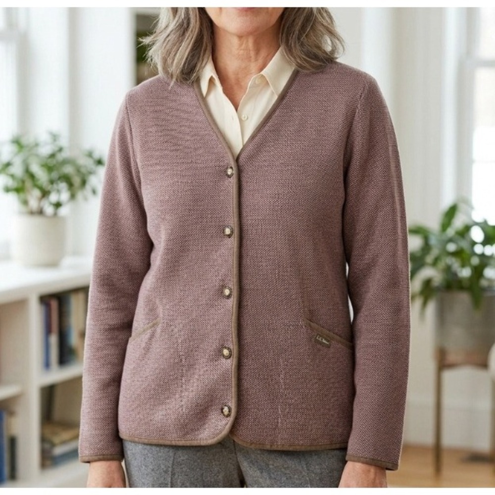 LL Bean Womens Medium Cardigan Sweater Burgundy Cotton Knit Button Front Trimmed